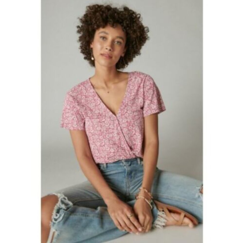 Lucky Brand Women's Wrap Rayon Printed Surplice Top Pink Multi Size XS NWT